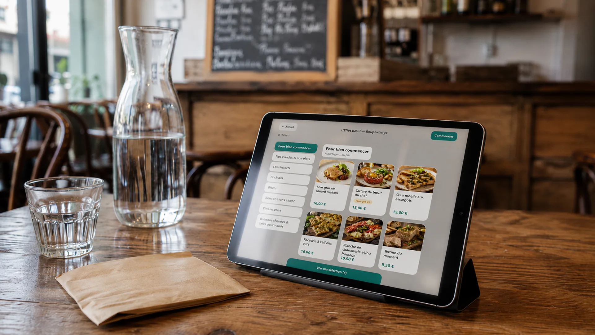 Tablette Menu Resto affichant la carte d'un restaurant, posée sur une table de bistrot